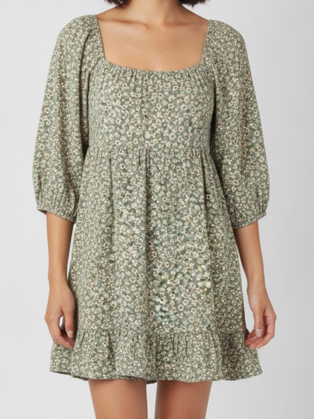 Lush Mini Dress Womens Sz M Green Ditsy Floral Baby Doll Key Hole Tie Back
